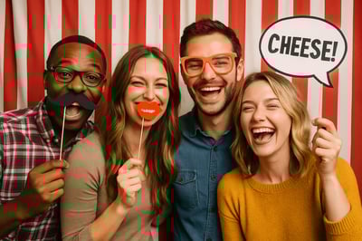 A playful photo booth with people holding cheesy props and laughing A playful photo booth with people holding cheesy props and laughing