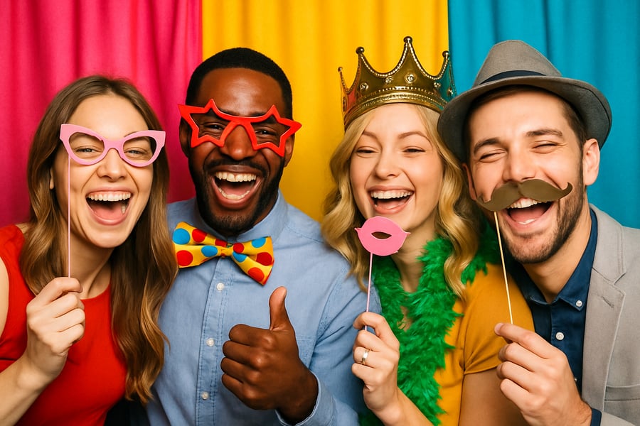 People laughing and posing with props in a vibrant photo booth People laughing and posing with props in a vibrant photo booth